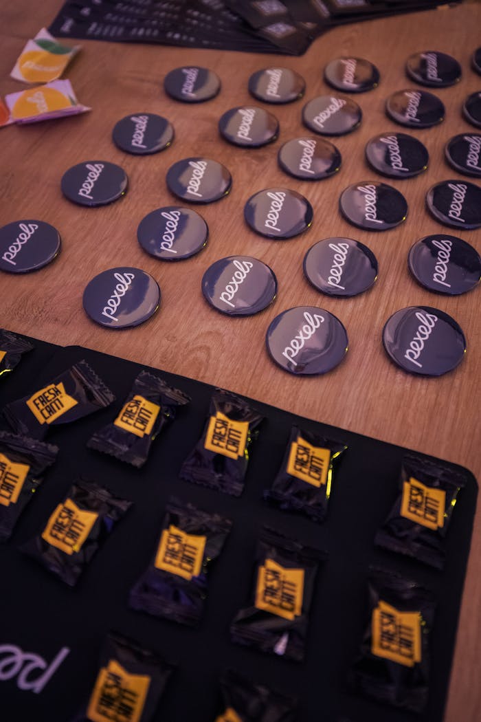 Display of branded buttons and candies at a marketing event.