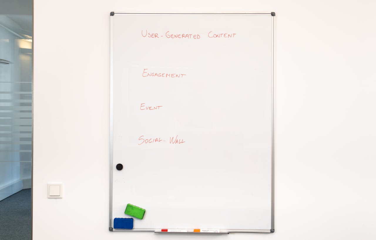 Office whiteboard displaying text related to user-generated content strategy.